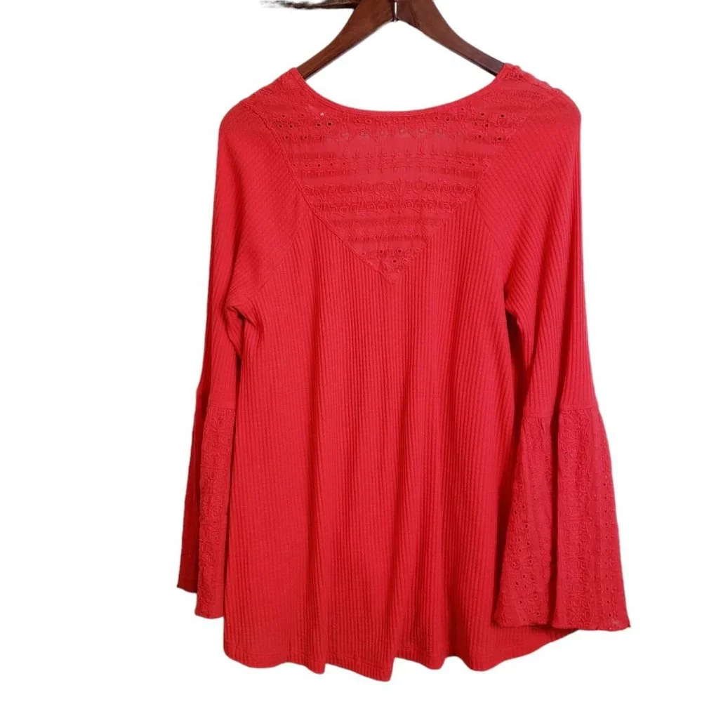 Free People Womens M Top Red Flared Sleeve Eyelet Embroidered V-Neck Blouse - Picture 2 of 12
